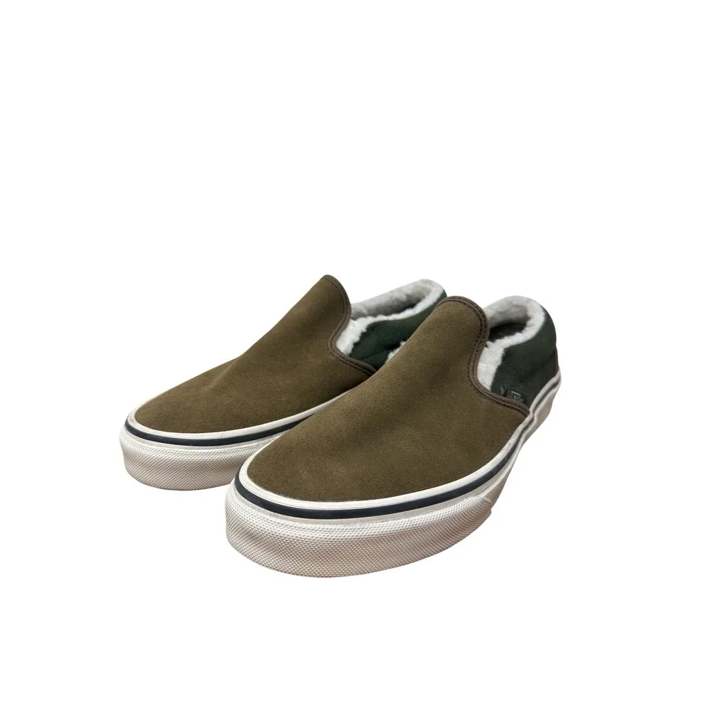 Vans Classic Slip-On Suede Sherpa Faux Fur Lined Olive Green Mens 6.5 Womens 8